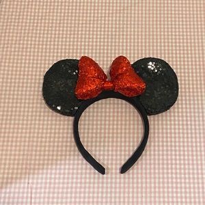 New Classic Minnie Mouse Ears | Black Sequin Ears with Red Sequin Bow